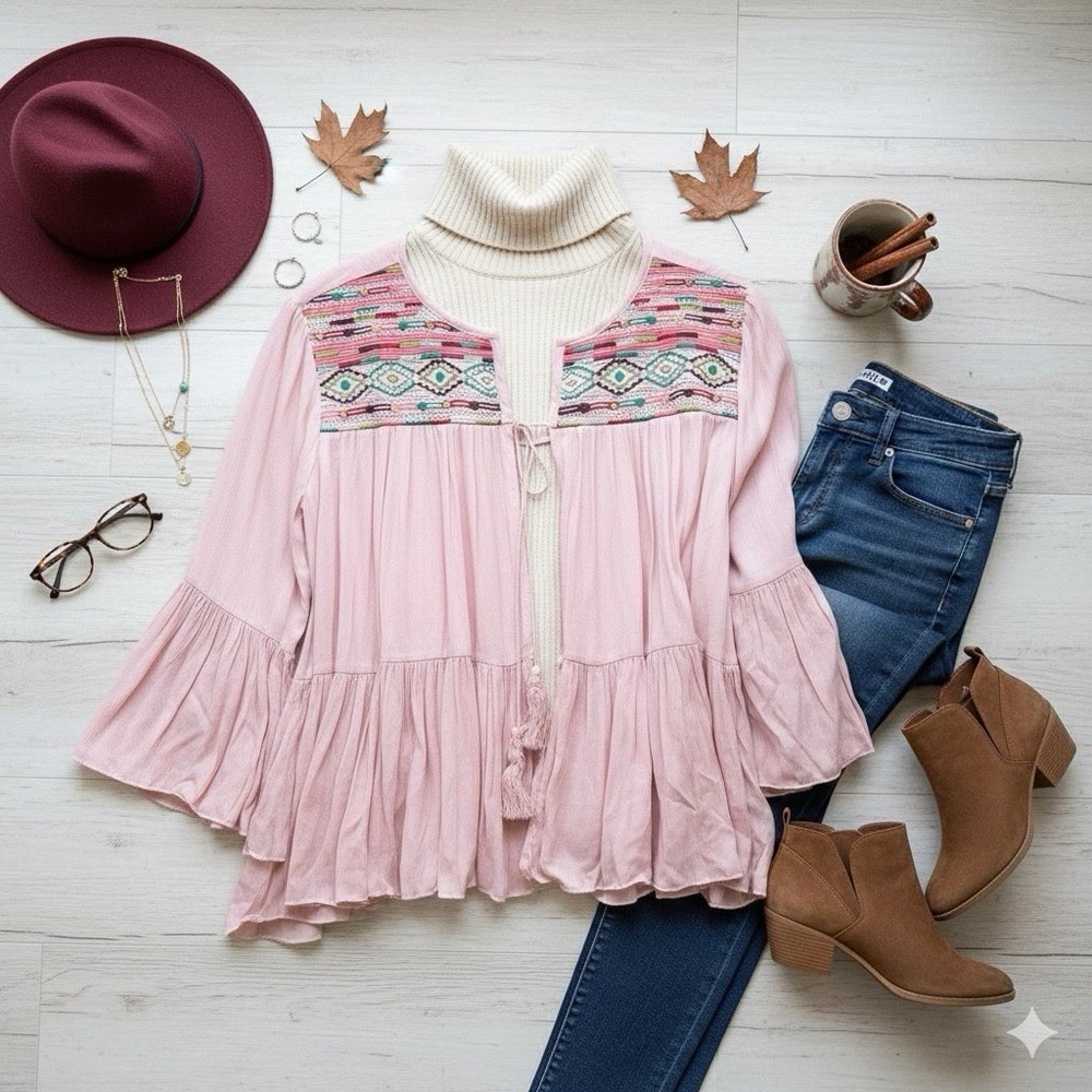 Romeo + Juliet Couture Pink Embroidered Ruffle Kimono Peasant Top Size Large - Picture 2 of 15
